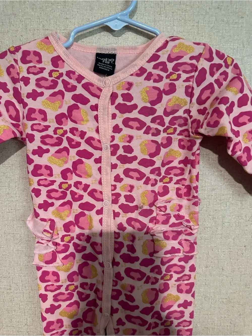 Bebe 3/6M Pink Leopard Print Girls One-Piece Footed Pajamas